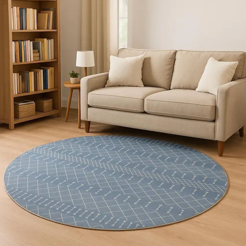 8' Blue And Ivory Geometric Round Rug Photo 1