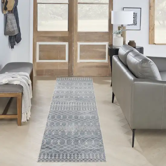 6' Blue And Ivory Geometric Runner Rug Photo 5