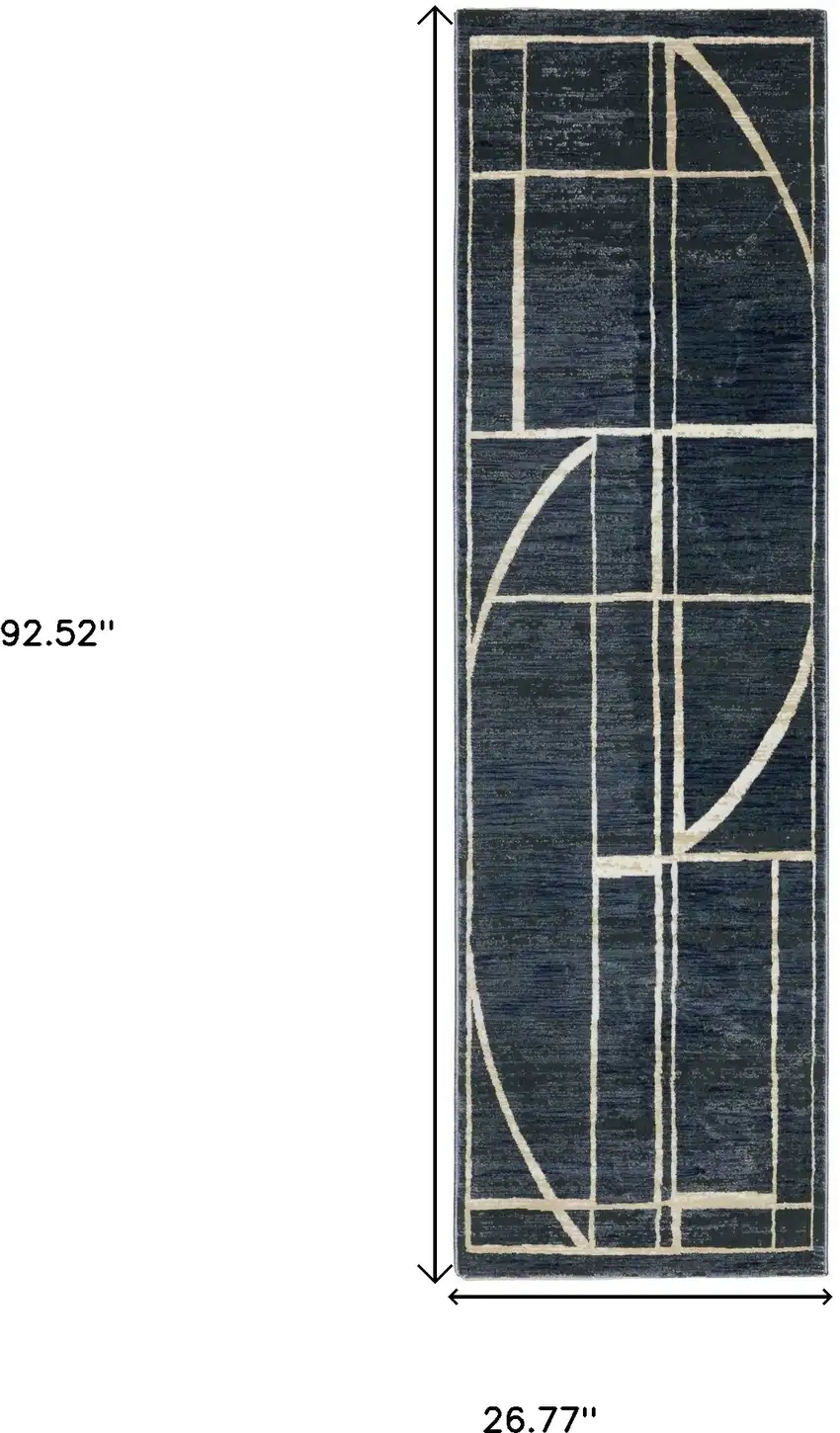 8' Blue And Ivory Geometric Runner Rug Photo 3