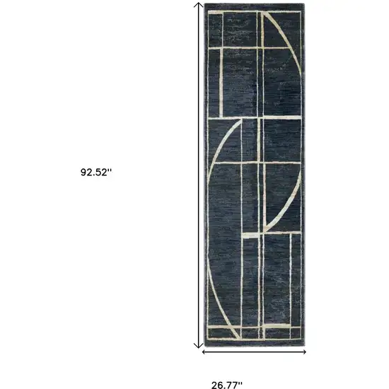 8' Blue And Ivory Geometric Runner Rug Photo 3