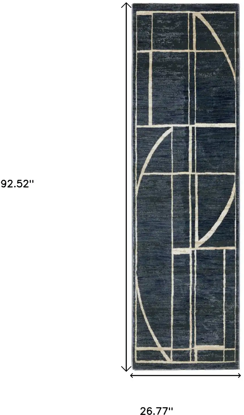 8' Blue And Ivory Geometric Runner Rug Photo 3
