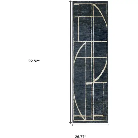 8' Blue And Ivory Geometric Runner Rug Photo 3