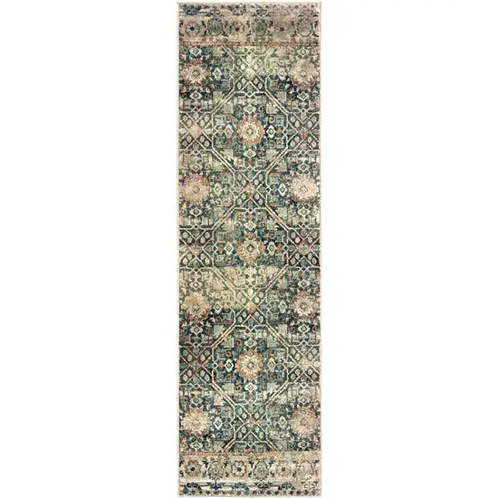 8' Blue And Ivory Geometric Runner Rug Photo 5