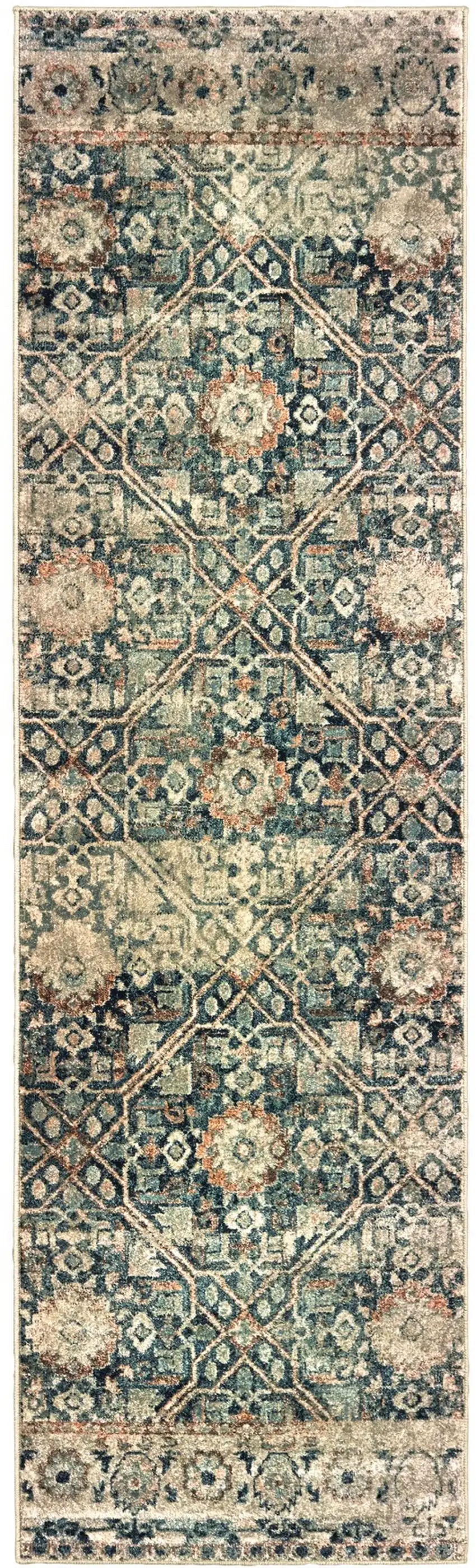8' Blue And Ivory Geometric Runner Rug Photo 5
