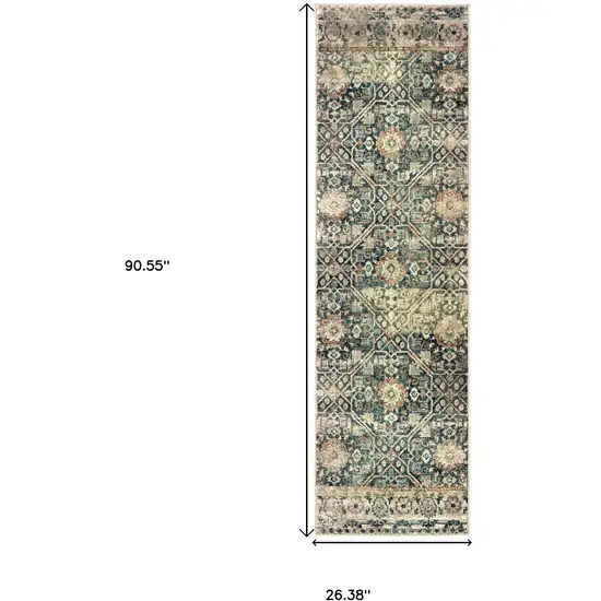 8' Blue And Ivory Geometric Runner Rug Photo 3