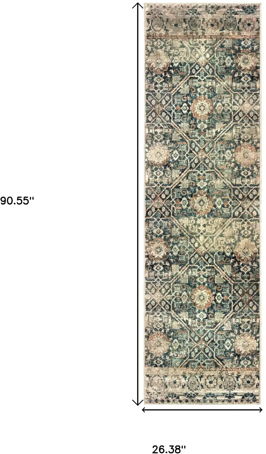 8' Blue And Ivory Geometric Runner Rug Photo 3