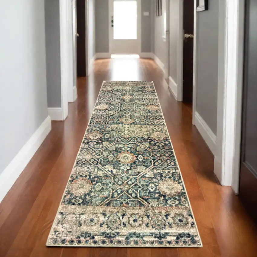 8' Blue And Ivory Geometric Runner Rug Photo 1