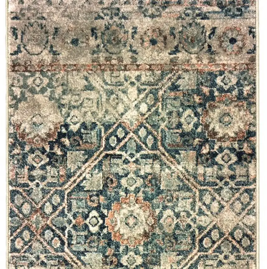 8' Blue And Ivory Geometric Runner Rug Photo 4