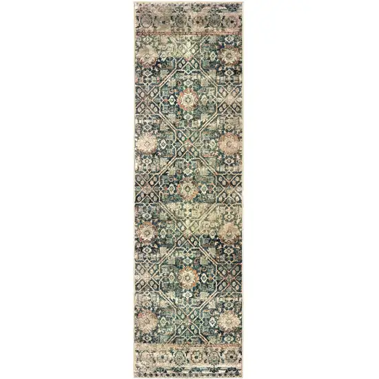 8' Blue And Ivory Geometric Runner Rug Photo 2
