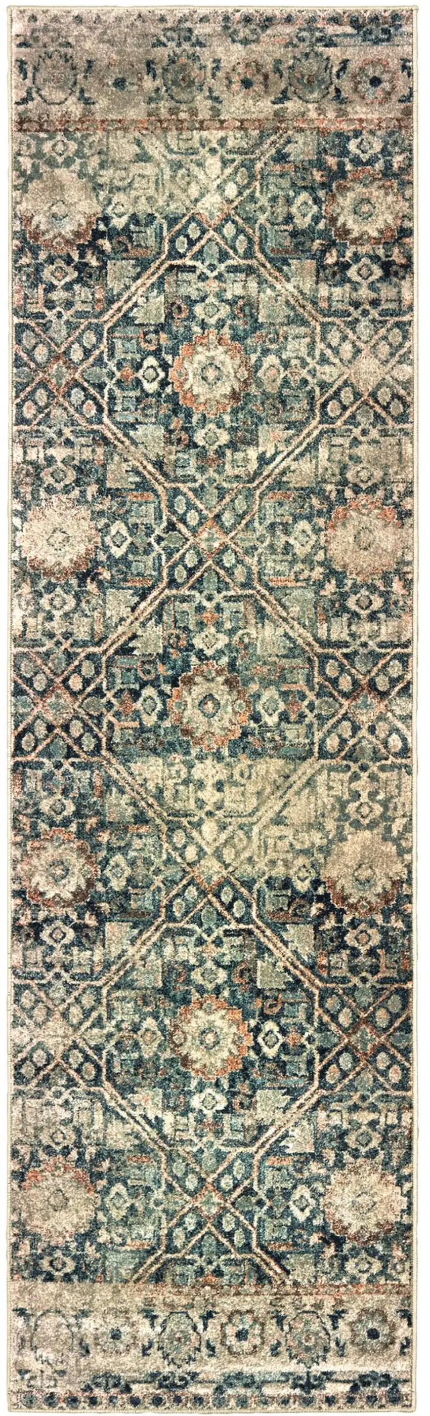 8' Blue And Ivory Geometric Runner Rug Photo 2