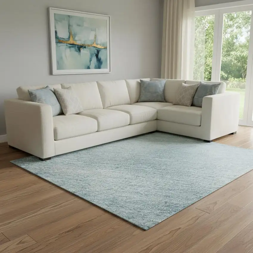 8' Blue And Ivory Geometric Washable Area Rug With UV Protection Photo 2