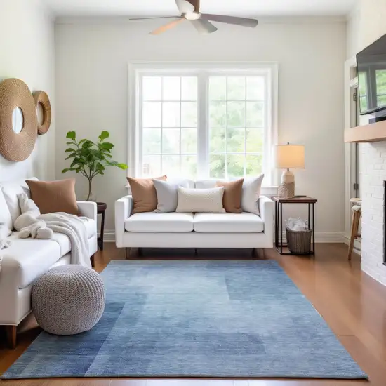 8' Blue And Ivory Geometric Washable Area Rug With UV Protection Photo 3