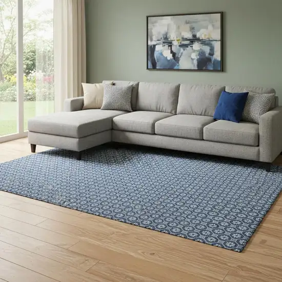 8' Blue And Ivory Geometric Washable Area Rug With UV Protection Photo 2