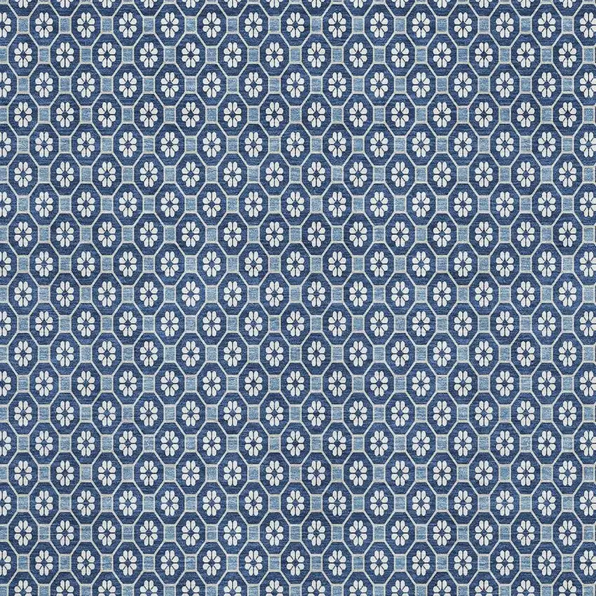 8' Blue And Ivory Geometric Washable Area Rug With UV Protection Photo 2