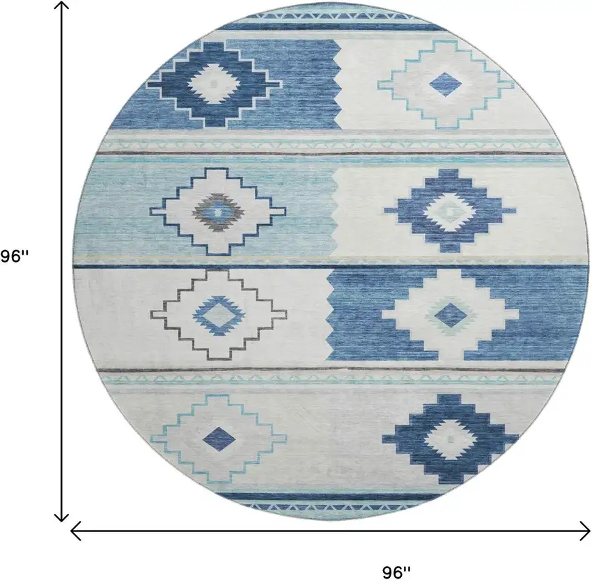 8' Blue And Ivory Geometric Washable Round Rug With UV Protection Photo 3