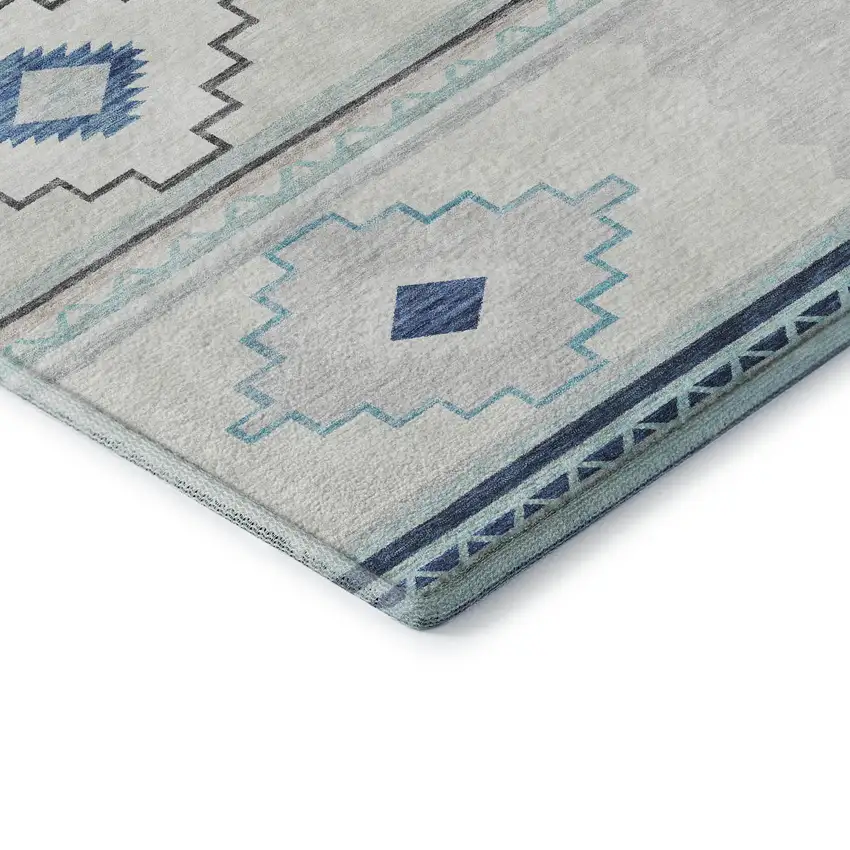 8' Blue And Ivory Geometric Washable Round Rug With UV Protection Photo 7