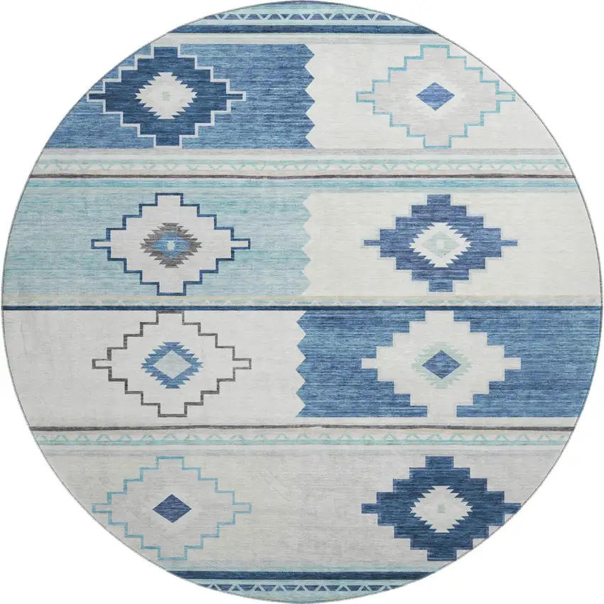 8' Blue And Ivory Geometric Washable Round Rug With UV Protection Photo 1