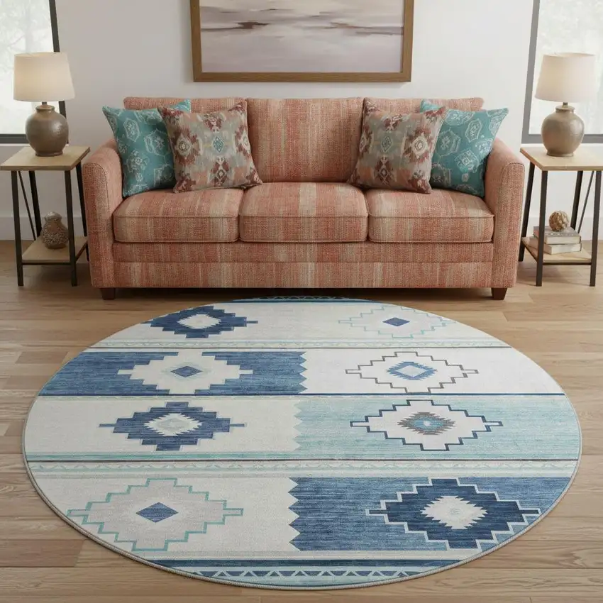 8' Blue And Ivory Geometric Washable Round Rug With UV Protection Photo 1
