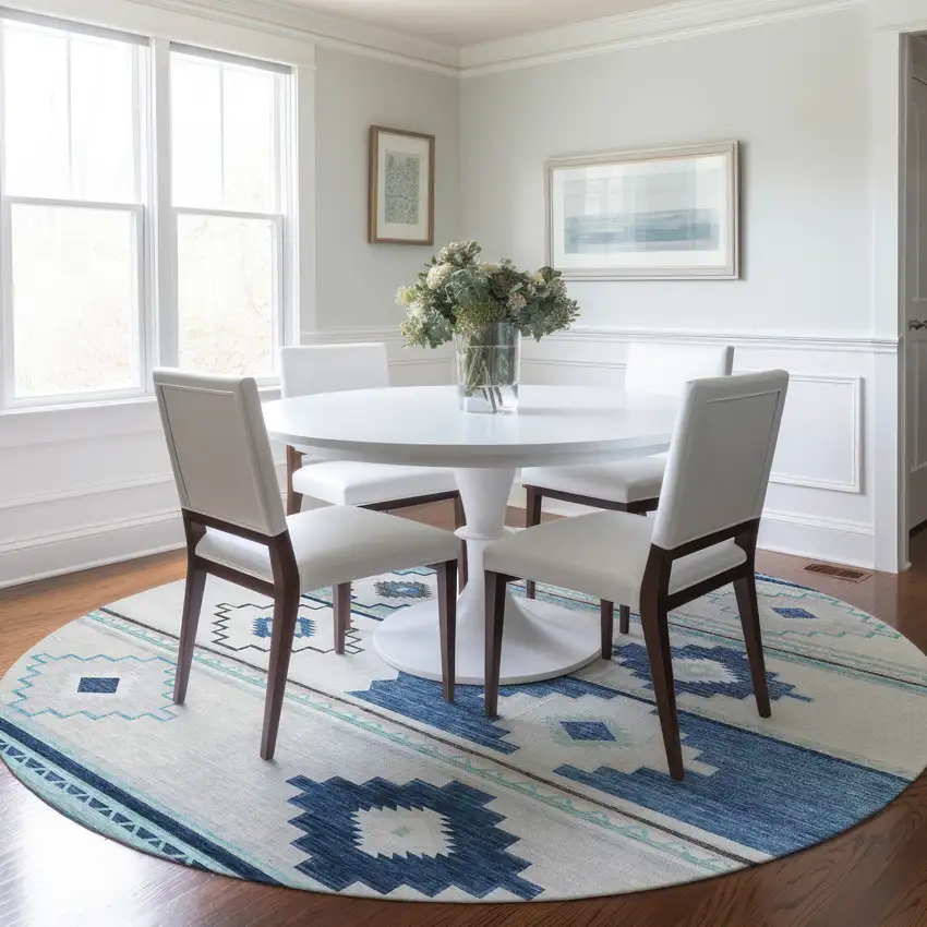 8' Blue And Ivory Geometric Washable Round Rug With UV Protection Photo 5