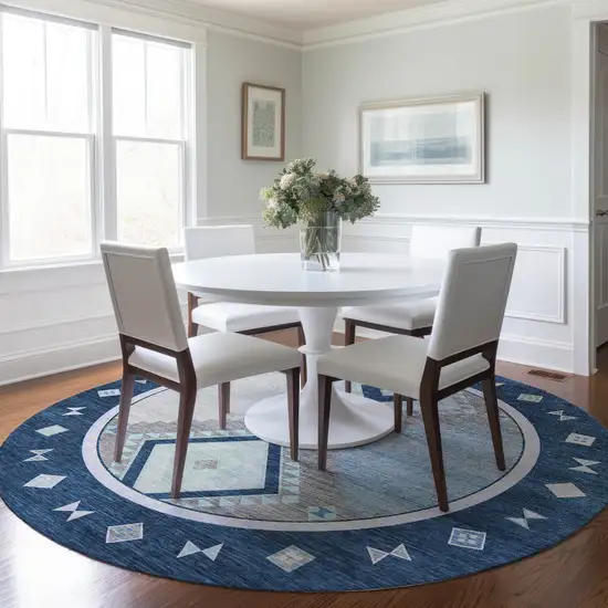 8' Blue And Ivory Geometric Washable Round Rug With UV Protection Photo 5