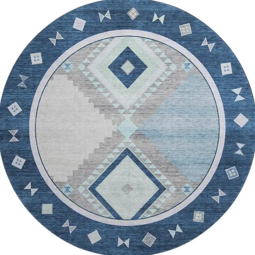 8' Blue And Ivory Geometric Washable Round Rug With UV Protection Photo 4