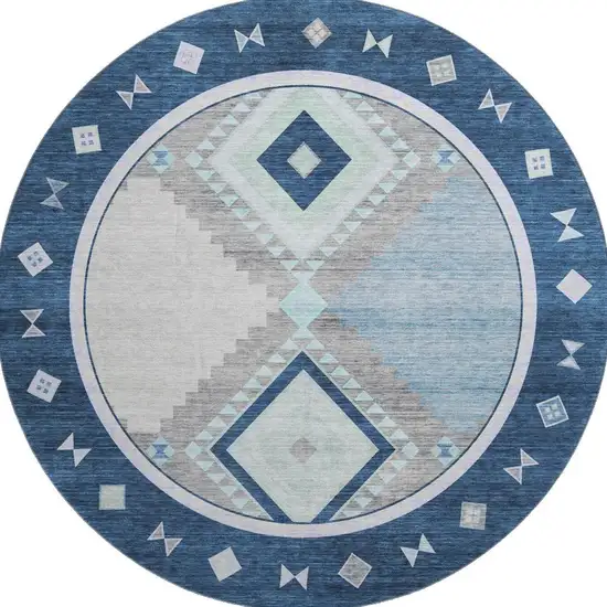 8' Blue And Ivory Geometric Washable Round Rug With UV Protection Photo 4