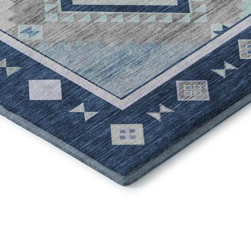 8' Blue And Ivory Geometric Washable Round Rug With UV Protection Photo 7