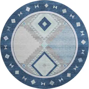 Photo of 8' Blue And Ivory Geometric Washable Round Rug With UV Protection