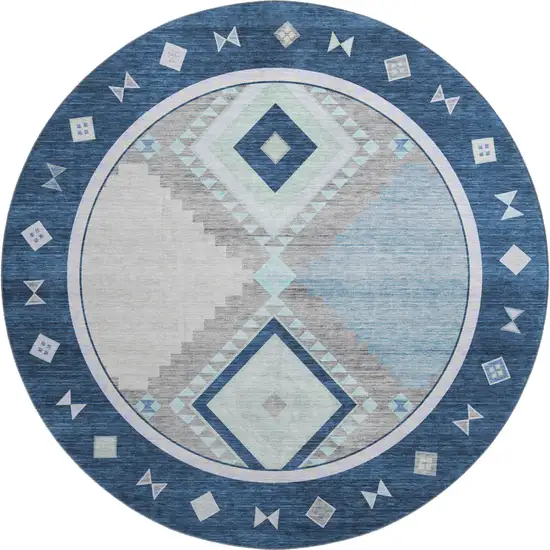 8' Blue And Ivory Geometric Washable Round Rug With UV Protection Photo 1