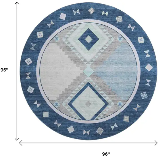 8' Blue And Ivory Geometric Washable Round Rug With UV Protection Photo 3