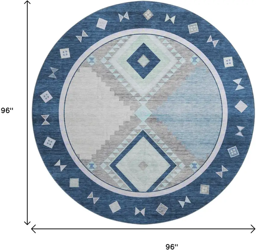 8' Blue And Ivory Geometric Washable Round Rug With UV Protection Photo 3