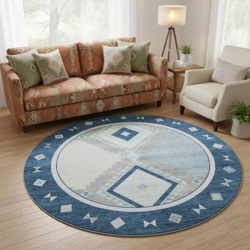 8' Blue And Ivory Geometric Washable Round Rug With UV Protection Photo 1