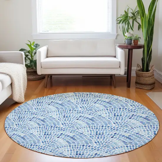 8' Blue And Ivory Geometric Washable Round Rug With UV Protection Photo 5