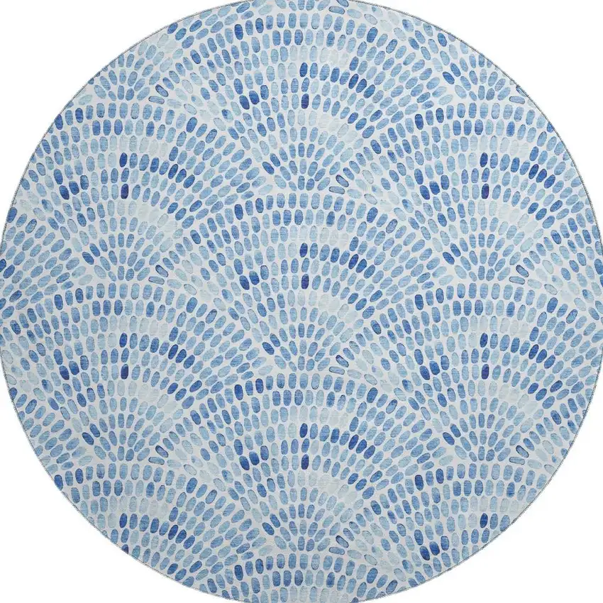 8' Blue And Ivory Geometric Washable Round Rug With UV Protection Photo 4