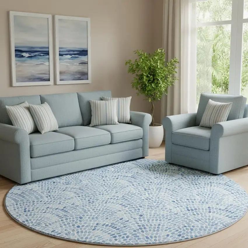 8' Blue And Ivory Geometric Washable Round Rug With UV Protection Photo 1