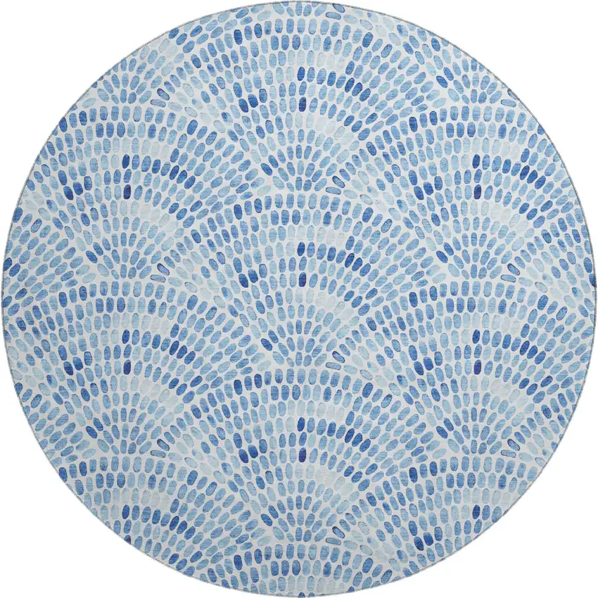 8' Blue And Ivory Geometric Washable Round Rug With UV Protection Photo 1