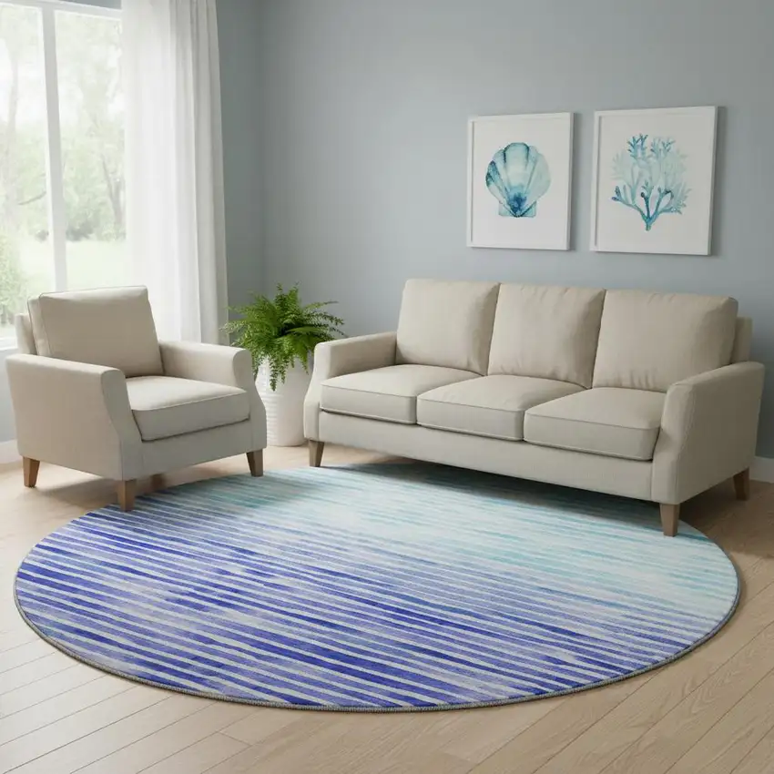 8' Blue And Ivory Geometric Washable Round Rug With UV Protection Photo 1