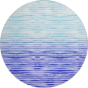 Photo of 8' Blue And Ivory Geometric Washable Round Rug With UV Protection