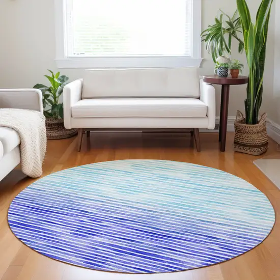 8' Blue And Ivory Geometric Washable Round Rug With UV Protection Photo 4