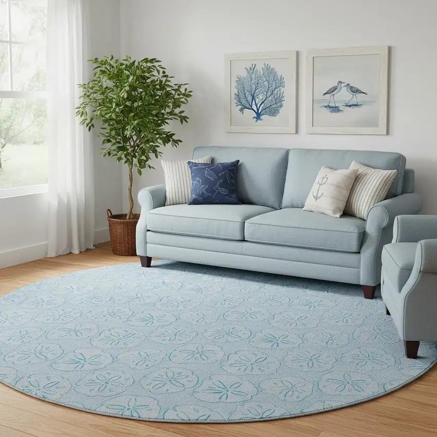 8' Blue And Ivory Geometric Washable Round Rug With UV Protection Photo 1