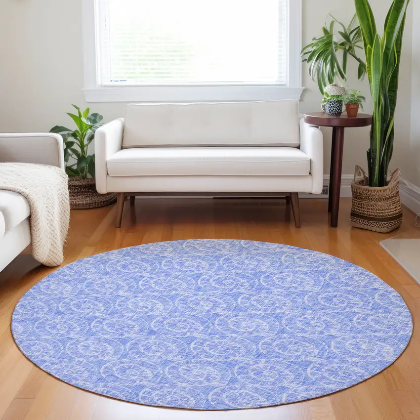 8' Blue And Ivory Geometric Washable Round Rug With UV Protection Photo 5