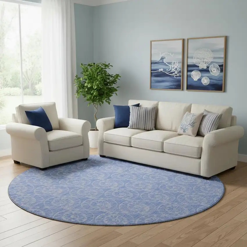 8' Blue And Ivory Geometric Washable Round Rug With UV Protection Photo 1