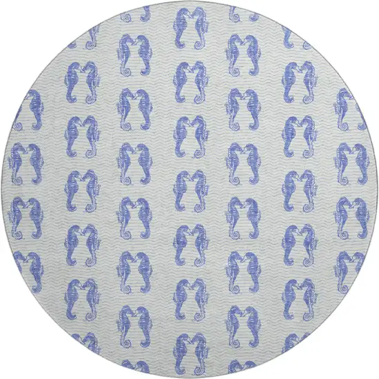 8' Blue And Ivory Geometric Washable Round Rug With UV Protection Photo 1