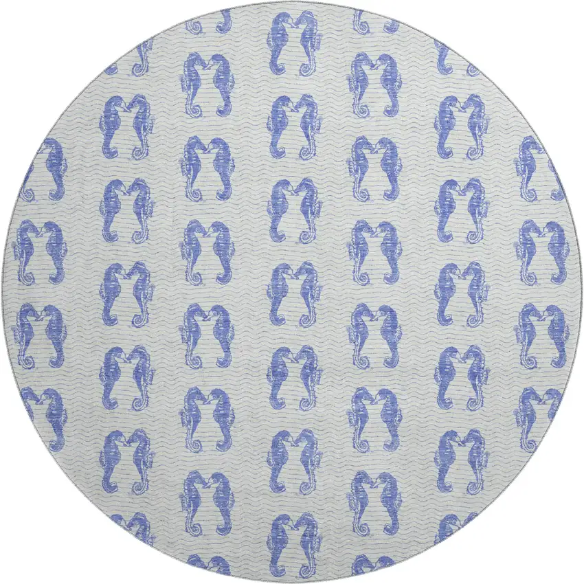 8' Blue And Ivory Geometric Washable Round Rug With UV Protection Photo 1