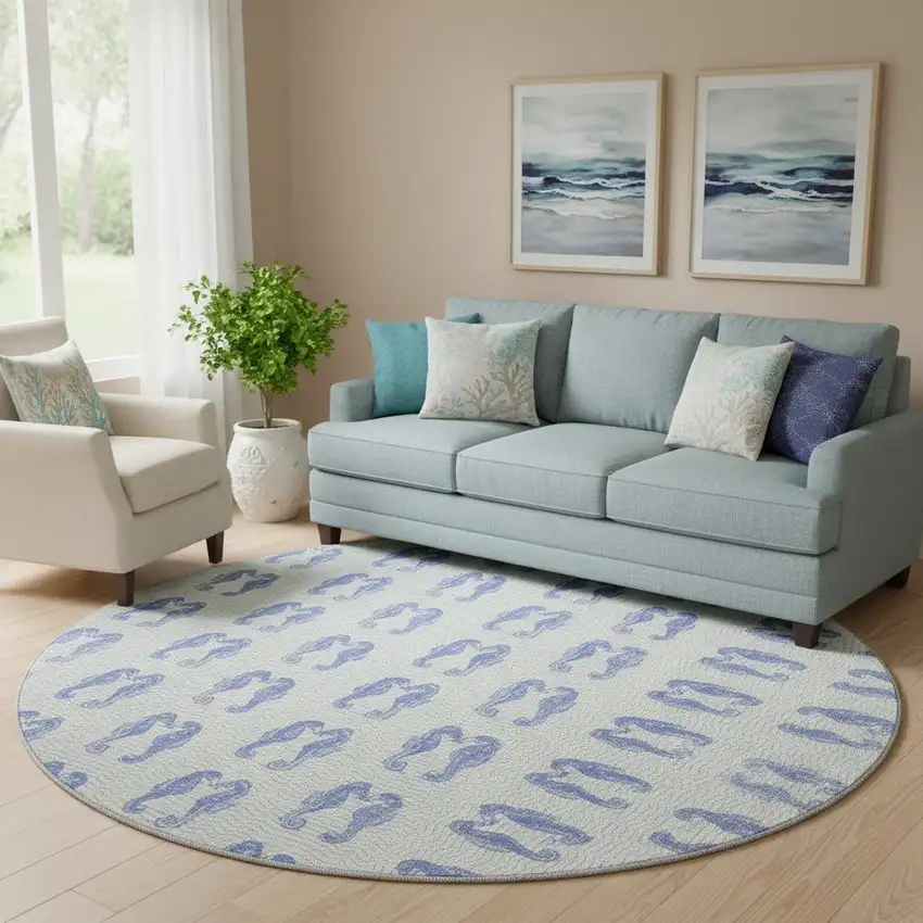 8' Blue And Ivory Geometric Washable Round Rug With UV Protection Photo 1