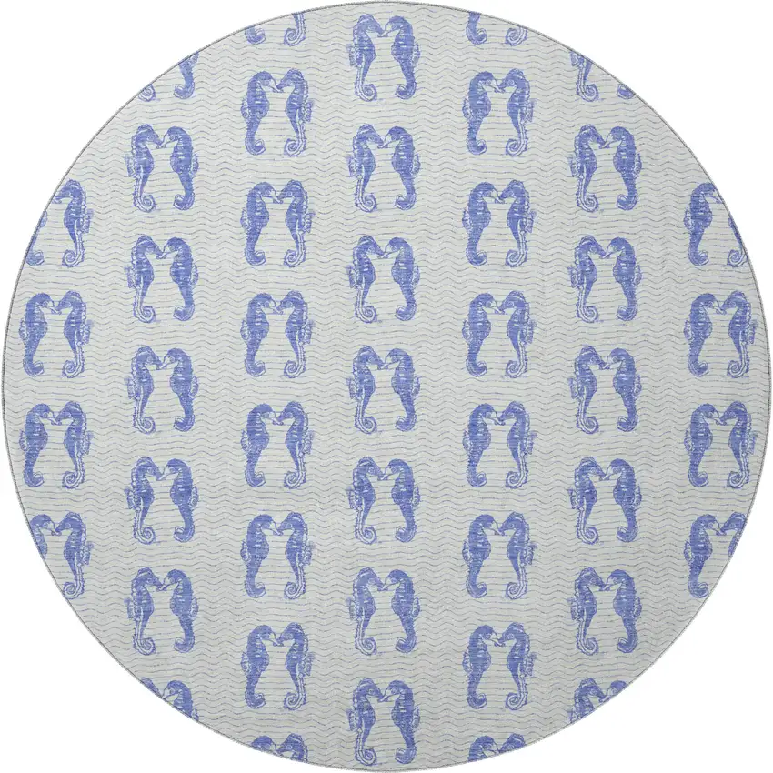 8' Blue And Ivory Geometric Washable Round Rug With UV Protection Photo 3