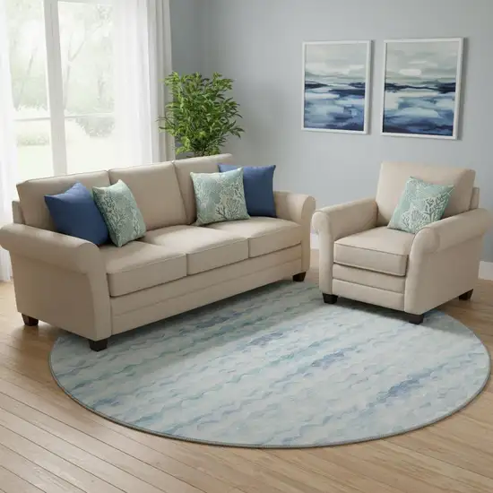 8' Blue And Ivory Geometric Washable Round Rug With UV Protection Photo 1