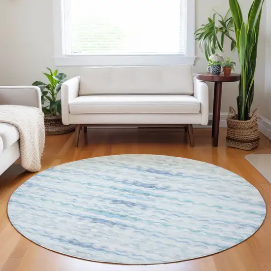 8' Blue And Ivory Geometric Washable Round Rug With UV Protection Photo 5