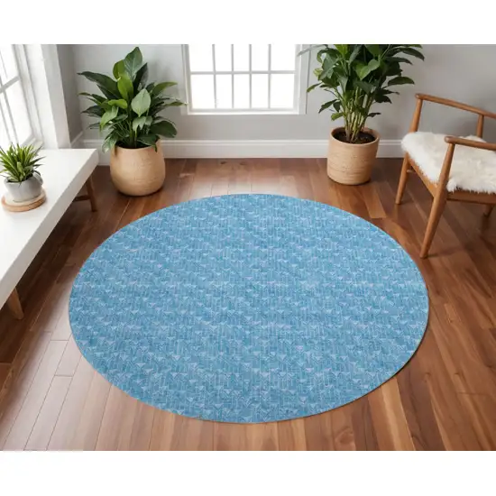 8' Blue And Ivory Geometric Washable Round Rug With UV Protection Photo 2