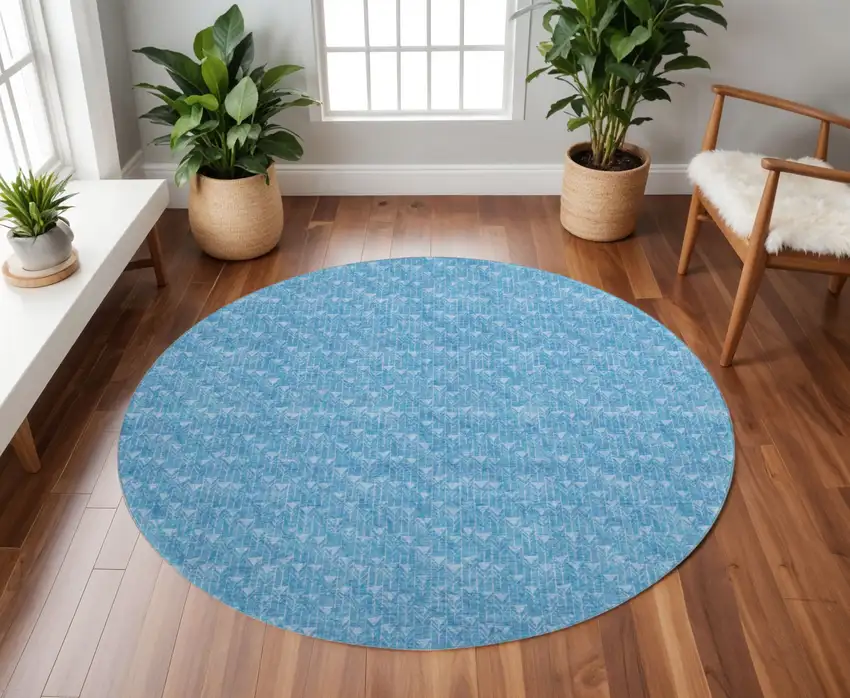 8' Blue And Ivory Geometric Washable Round Rug With UV Protection Photo 2